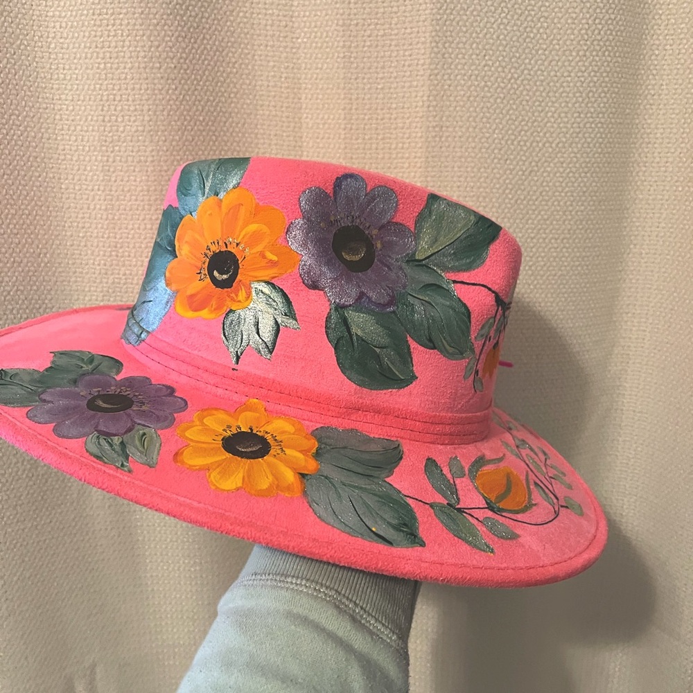 Hand Painted Floral Pink Wide-Brim Hat
